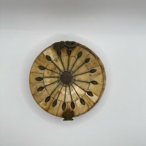 Camel Bone Trinket Box Brass Starburst Inlay Keepsake India Round Velvet Lined
